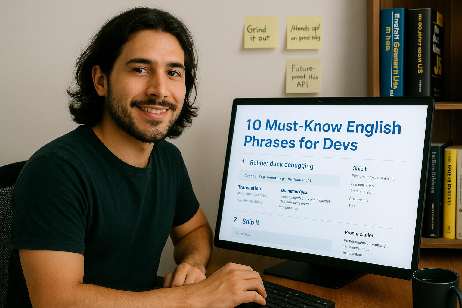 Developer leyendo guía con frases clave en inglés para entrevistas y trabajo remoto, sonriente frente a su escritorio