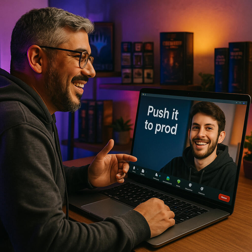Alex Carrillo, English coach, sonriendo frente a su laptop con la frase “Push it to prod”. Especialista en enseñar inglés técnico a desarrolladores.