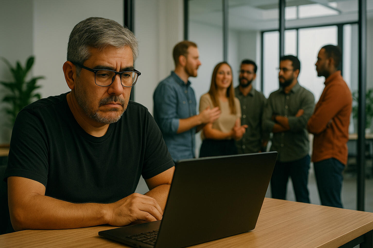 Desarrollador latino recibiendo retroalimentación en inglés en una videollamada, mostrando frustración al no entender lo que dicen.