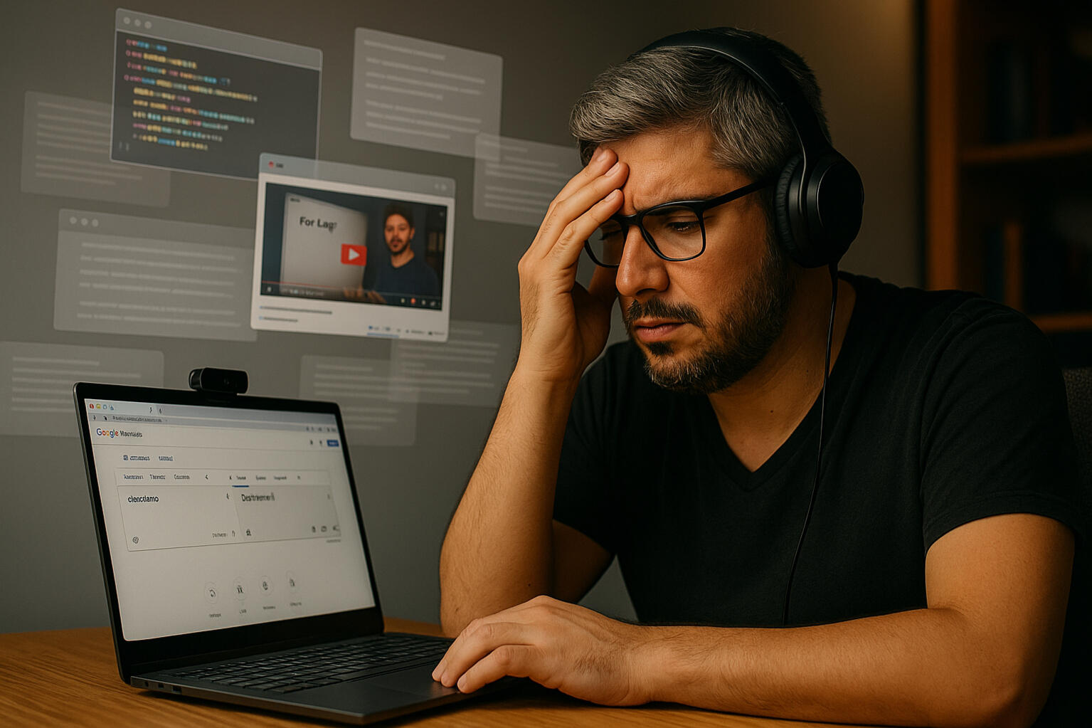 Desarrollador latino con audífonos intentando aprender inglés con YouTube sin éxito, reflejando frustración por métodos genéricos.