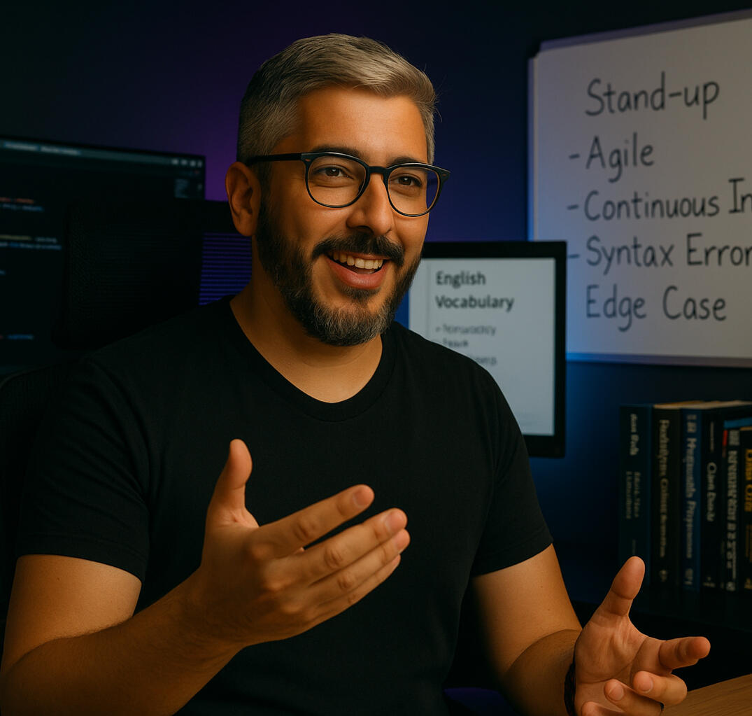 Teacher Alex guiando una conversación técnica en inglés sobre temas como stand-up y edge cases durante una sesión del Talk Club