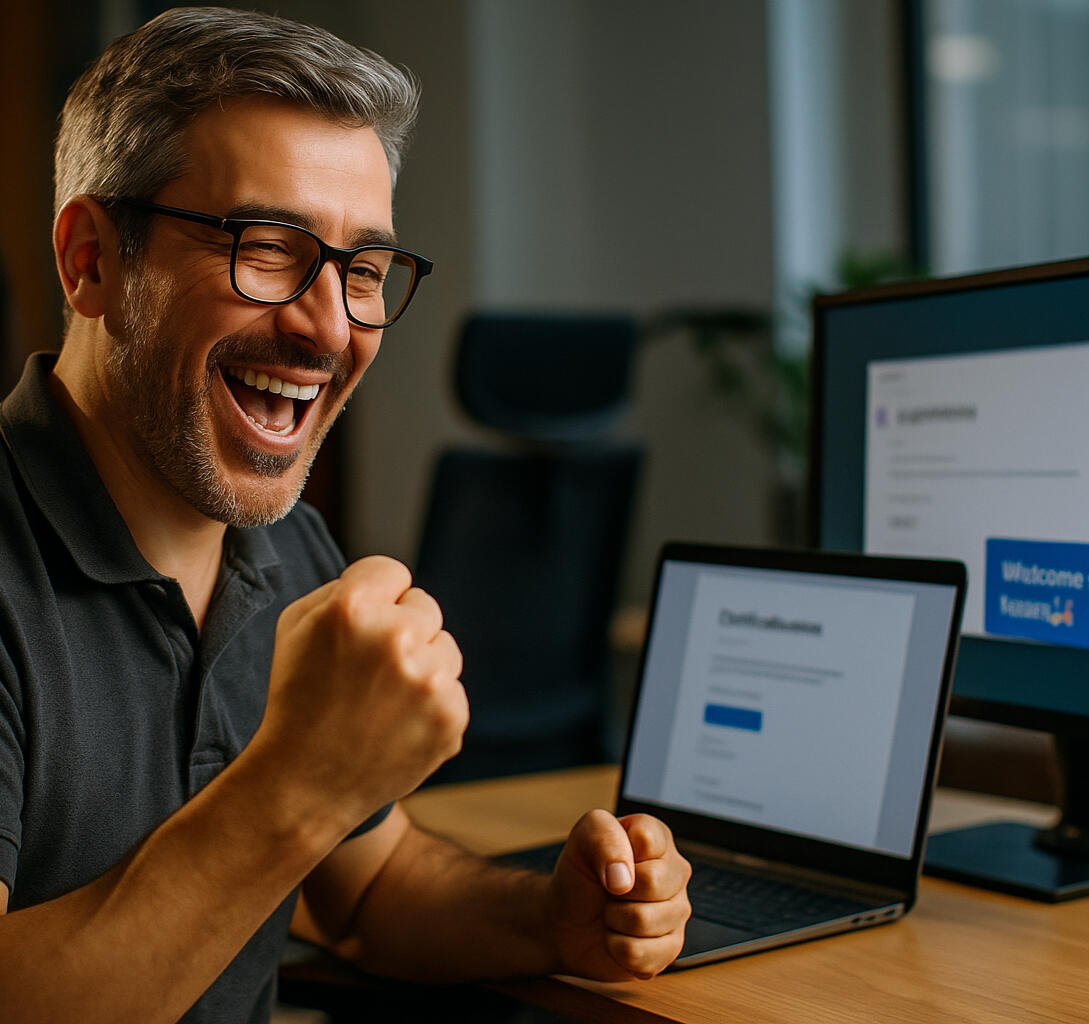 Developer celebrando un logro frente a su computadora tras una clase grupal de inglés técnico