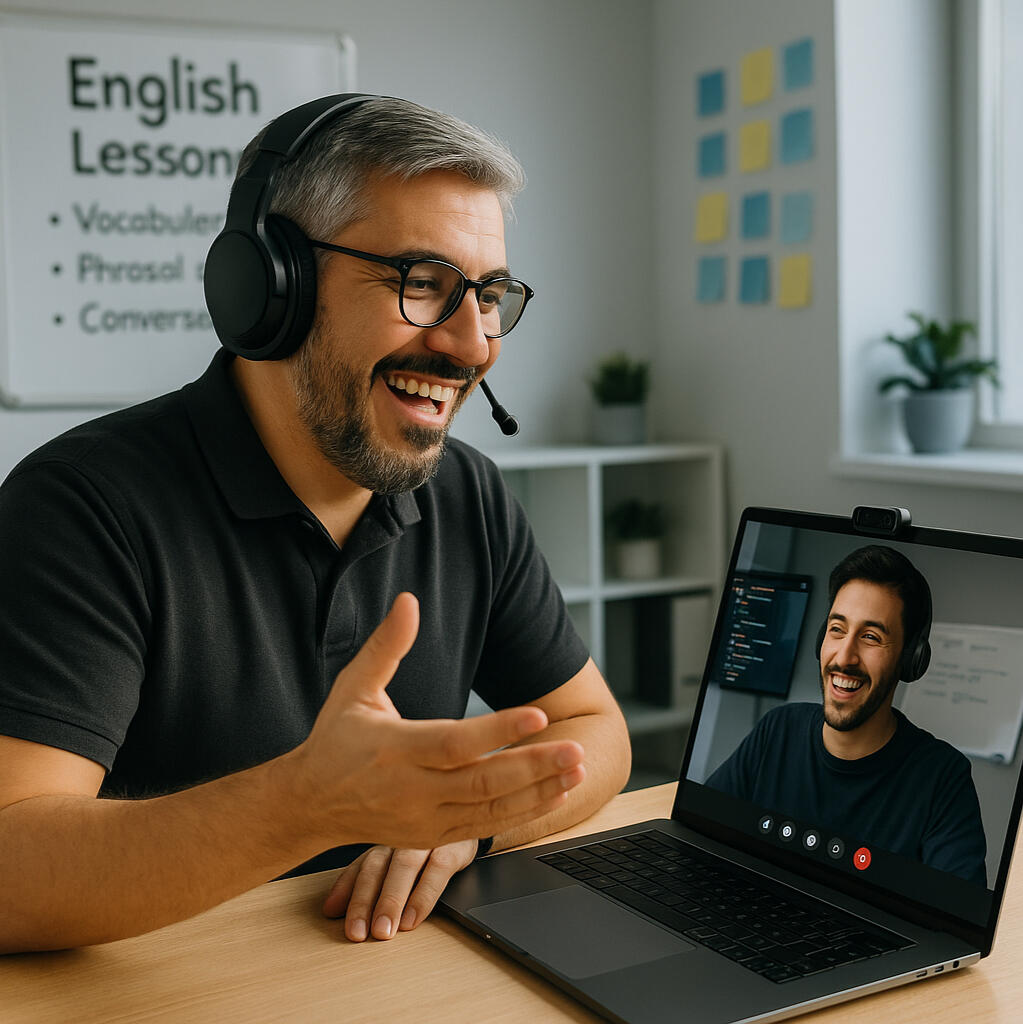 Teacher Alex sonriendo mientras da una clase individual por videollamada a un developer latino