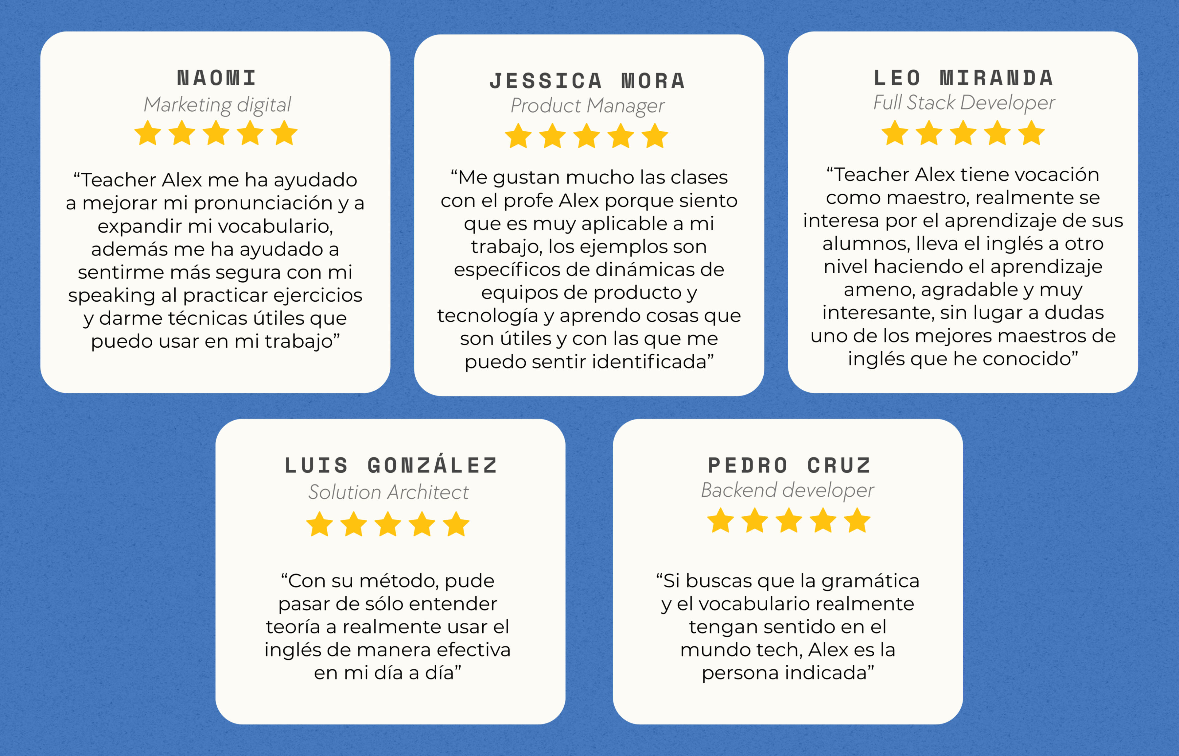 Testimonios de alumnos que trabajan en tech, que han tomado clases de inglés para IT con Teacher Alex.