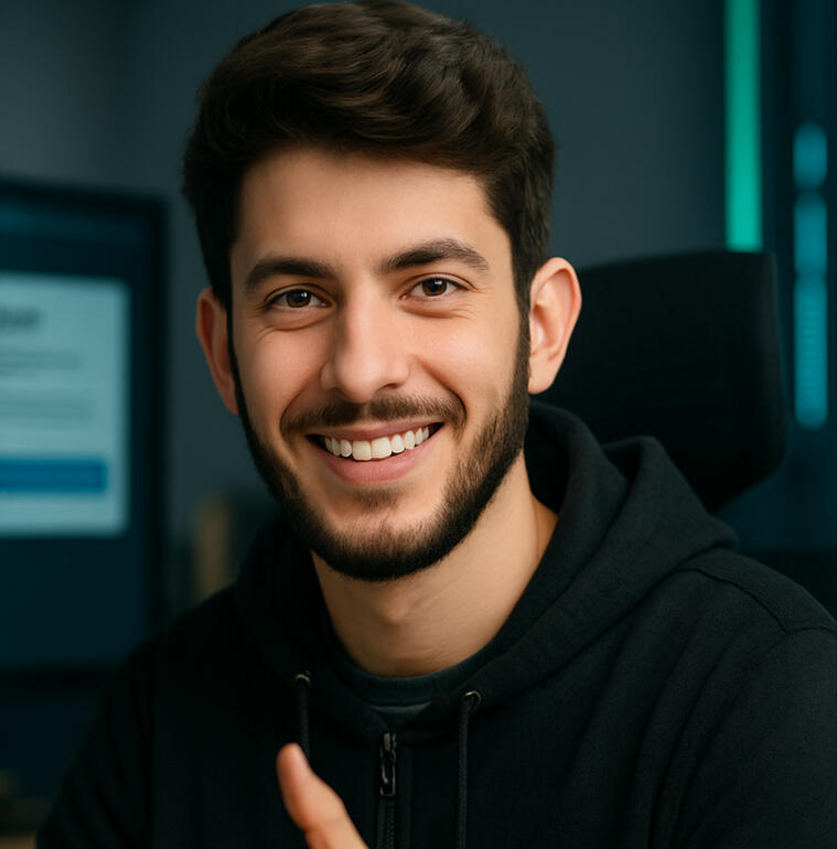 Jack, developer sonriente frente a su computadora, después de alcanzar nivel C1 en inglés y liderar reuniones remotas desde Berlín