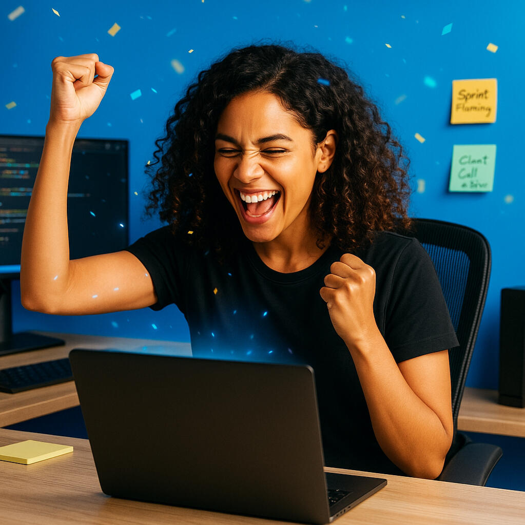 Desarrolladora celebrando frente a su laptop por conseguir empleo remoto gracias a su inglés técnico